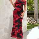 MEROKEETY Women's Spring Off Shoulder Floral Maxi Dress 2026 Summer Formal Beach Wedding Guest Cocktail Bodycon Dresses (Black, L)