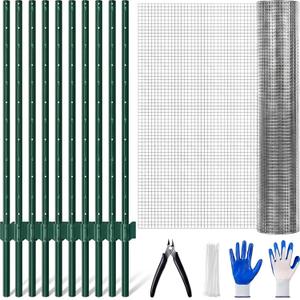 Weysat 10 Pack 4 ft Metal Fence Post and 3x50 ft Wire Fence Sturdy Duty Garden U Post with Hot-Dipped Galvanized After Welding for Yard, Outdoor Wire