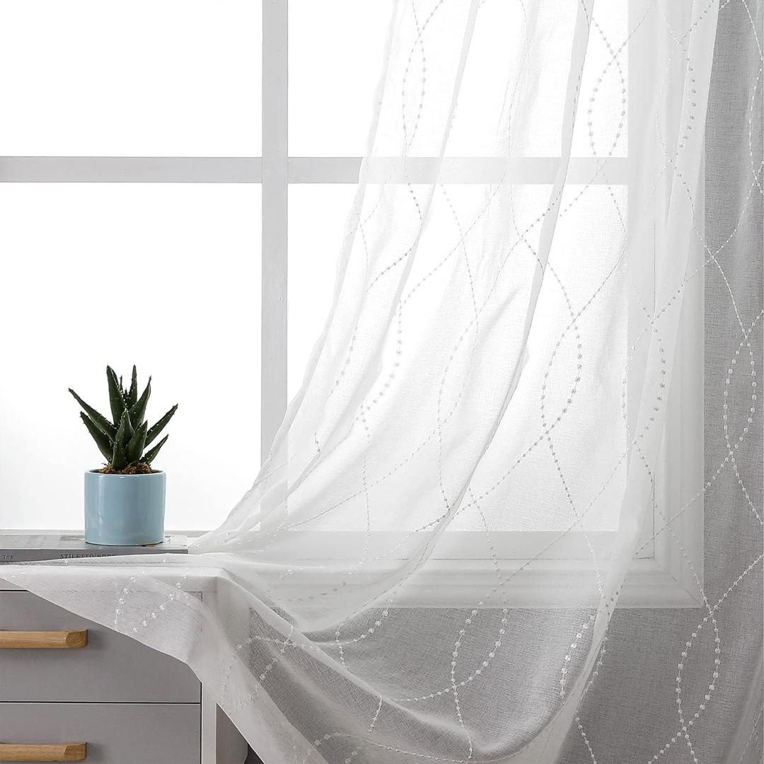 VISIONTEX Moroccan White Voile Sheer Window Curtains Panels, White Dots Patterned Semi Embroidery Faux Linen Rod Pocket Window Treatment Drapes for Living Room 54 x 95 Inch, Set of 2