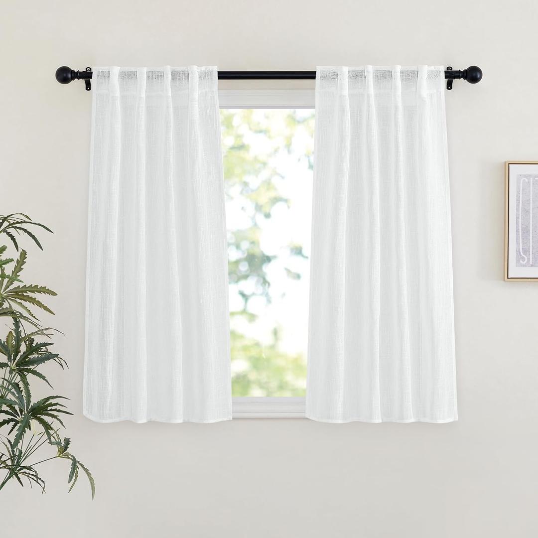NICETOWN White Sheer Curtains 45 inches Long for Bedroom, Rod Pocket & Back Tab Linen Blend Window Treatments Semi Sheer Privacy Drapes with Light Filter for Farmhouse, W29 x L45, 2 Panels