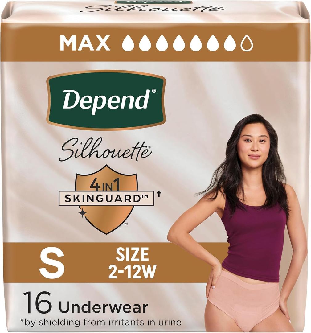 Depend Silhouette Adult Diapers, Incontinence & Postpartum Bladder Leak Underwear for Women, Maximum Absorbency, Small, Pink, 16 Count