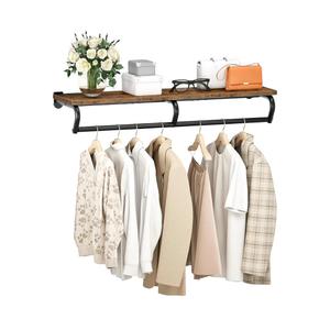 Wall Mounted Clothes Rack, Metal Garment Rack with Top Shelf, Laundry Storage Shelf with Hanging Rod, for Laundry Room, Bedroom, Entryway and Storage Room, Rustic Brown and Black TYM02BF