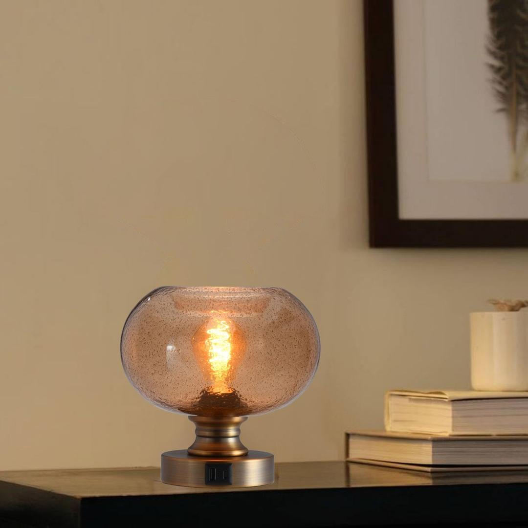 Mid Century Glass Table Lamp,Dimmable Desk Lamp,LED Bulb Included,Touch Control & USB A+C Port,Cognac Amber Seeded Glass