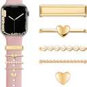 JR.DM Watch Band Charms with Decorative Bling Rings Loops, Compatible with Apple Watch 40mm 38mm 41mm 42mm 44mm 45mm 46mm Smart Watch Strap Accessories for iWatch Series 10 9 8 7 6 5 4 3 2 1 (Q-Pearl&Love Gold)