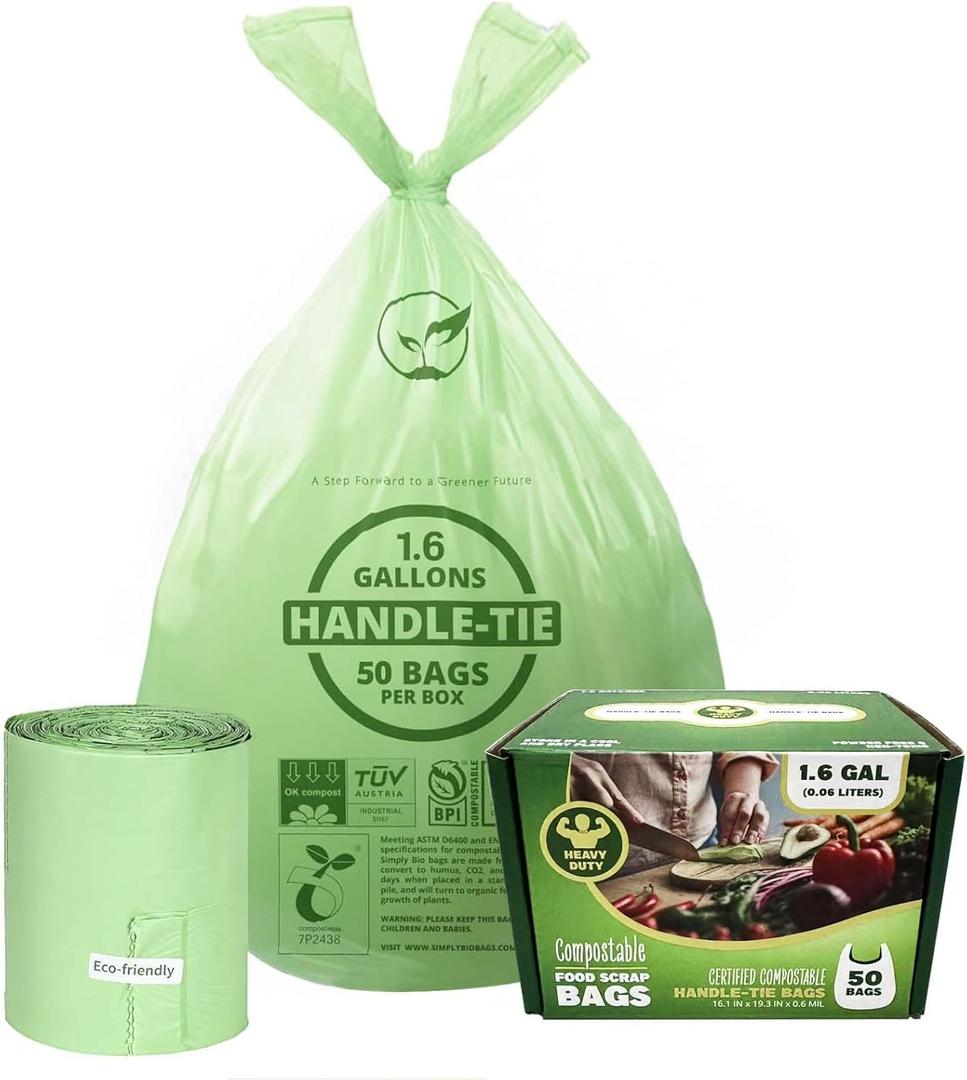 1.6 Gallon Compostable Trash Bags Drawstring, Heavy Duty Extra Thick 0.6 Mil, 6.06 Liter, 50 Bags, Small Kitchen Food Scrap Waste Bag, Unscented Pet Waste Bags, US BPI and OK Compost Home Certified