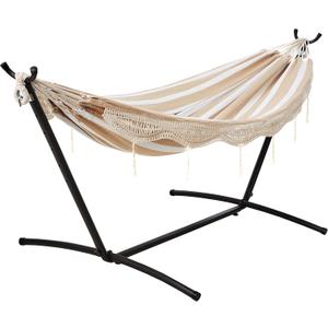 Amazon Basics Double Hammock with 9-Foot Space Saving Steel Stand and Carrying Case, 2 Person, 450 lb Capacity, Beige Stripe with Lace, 110" x 47" x 43"