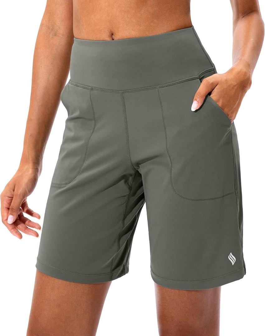 SANTINY Women's Athletic Bermuda Shorts High-Waisted Long Shorts for Women Running Yoga Lounge with Pockets(Grey Sage_L)