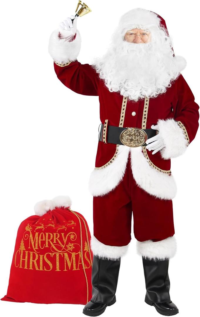Christmas Mens Santa Costume Set Adult 11 Pcs Deluxe Santa Claus Costume Suit Velvet for Xmas Holiday Party Cosplay (XX-Large)