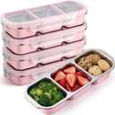 4 Pack Stainless Steel Snack Container for Adults 3-compartment Leak-proof Lunch Box for Work, Travel 10.6 x 4.1 x 2 Inch Stackable Reusable Metal Bento Box(Pink)