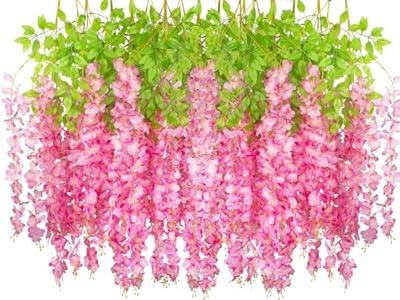 24 Pack Artificial Fake Wisteria Vine Ratta (3.75 Feet) Hanging Garland Silk Flowers String Home Party Wedding Decor (Deep Pink)