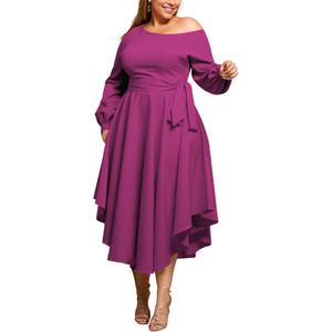 Plus Size Formal Dresses for Women Off Shoulder Long Sleeve Boat Neck Irregularly Flowy Midi Church Dress, XL