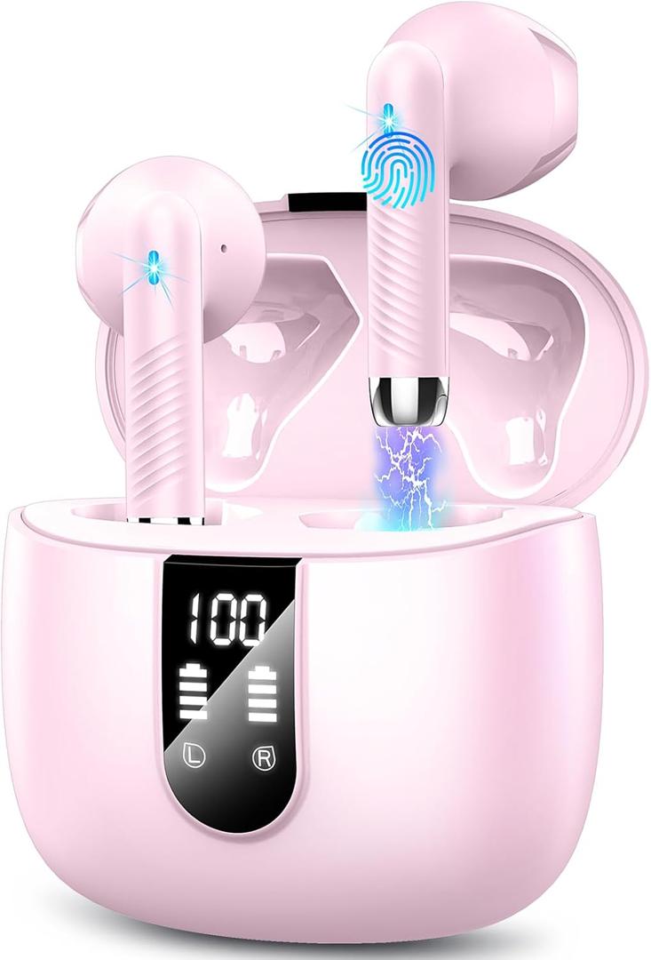 Wireless Earbuds, 2024 Bluetooth Headphones V5.3 Ear Buds Built-in ENC Noise Cancelling Mics, 40H Stereo Bass Bluetooth Earbuds with Dual LED Display, IP7 Waterproof Earphones for Android iOS, Pink
