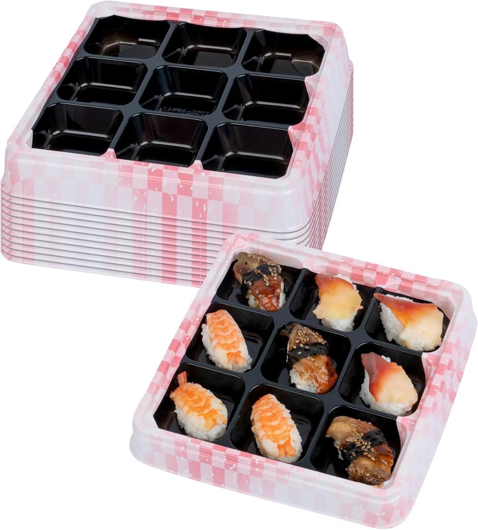 Restaurantware-Bento Tek 16.9 Ounce Meal Prep Containers, 50 Disposable To Go Food Boxes - Lids Sold Separately, 9 Compartments, Pink And Black Plastic Bento Lunch Boxes, Freezable, For Take Out (50 count)
