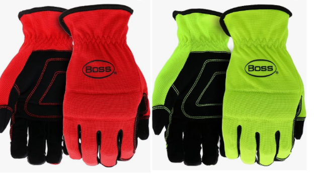 BOSS Men's Task 3-Pack High Performance Synthetic Leather Palm Work Gloves, Abrasion Resistant, , Red, Yellow, L,