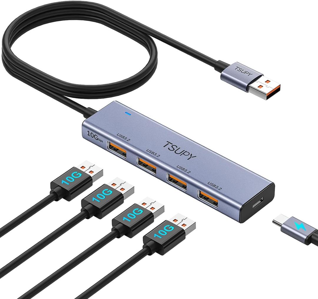 USB Hub 3.2, TSUPY USB Splitter 10Gbps 4 USB 3.2 Ports with 4ft Extension Cable, Ultra-Slim Aluminium USB 3.2 Gen 2 HUB Fast Data Transfer USB Port Extender for MacBook, Chromebook, Mobile HDD, Laptops