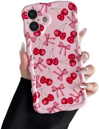 branple Compatible with iPhone 16 Plus Case, Cute Wave Curly Pink Cherry Bow Phone Case for Women, Soft TPU Shockproof Protection Cover Designed for iPhone 16 Plus 6.7 inch