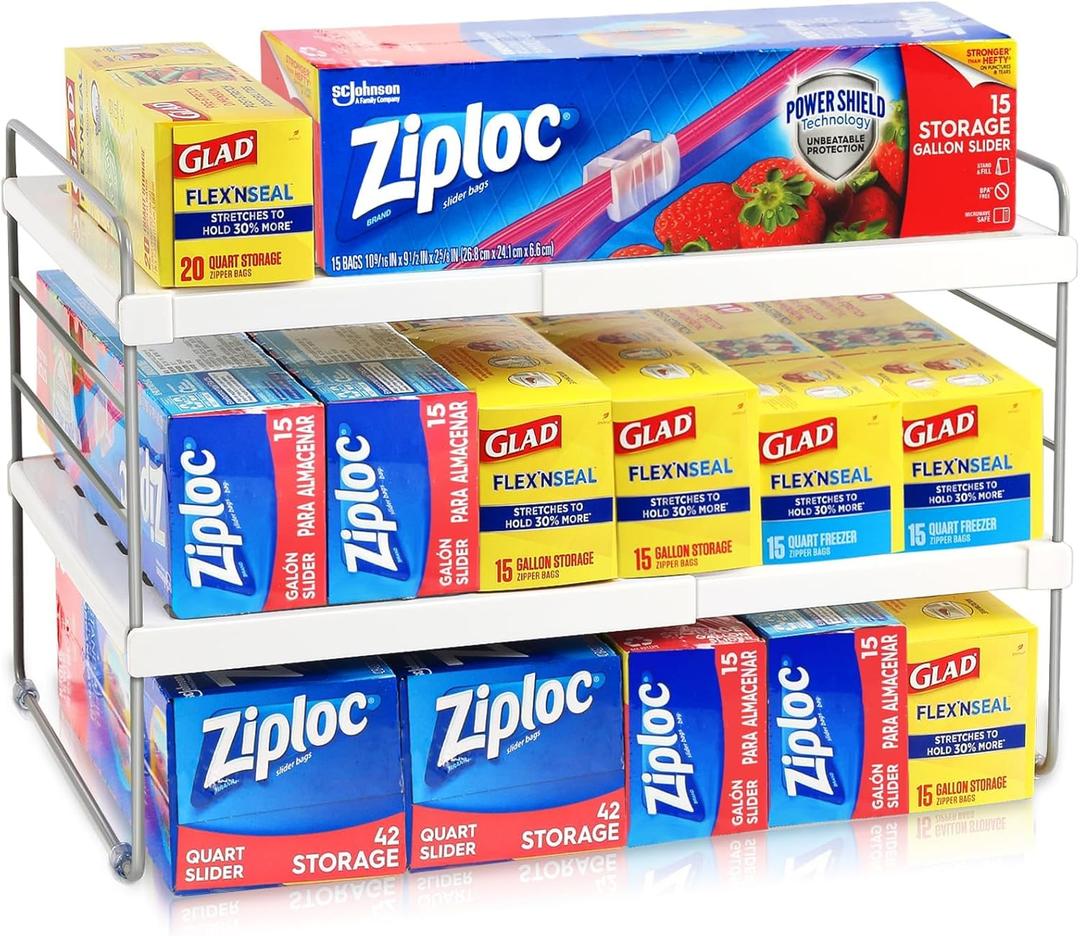 JUPELI Foil and Plastic Wrap Organizer, Expandable Kitchen Pantry Storage, Height Adjustable Cabinet Rack for Kitchen Organization, Aluminum Foil -3 Tier 9.8" to 15.6"L