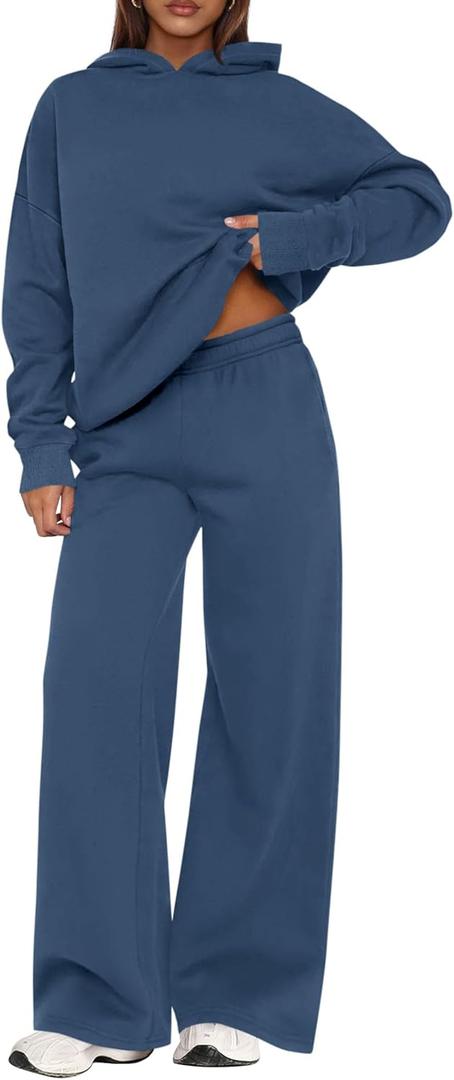 PRETTYGARDEN Womens Sweatsuits 2 Piece Set 2025 Casual Winter Long Sleeve Hoodie Loose Wide Leg Sweatpants Fall Tracksuit (X-Large, Grey Blue)
