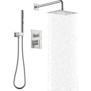KENES Square Rainfall Shower System Faucet Set, Brushed Nickel Rain Shower Head and Handle Set, 10 Inch Stainless Shower Head with Handheld Spray (Shower Valve Included), LJ-6026A