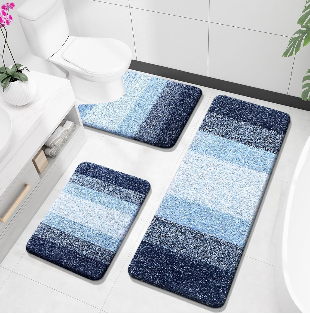 OLANLY Bathroom Rugs Sets 3 Piece, Soft Absorbent Microfiber Bath Mats and U-Shaped Contour Toilet Rug, Plush Shaggy Bath Mat Set for Bathroom (47"x20"+24"x16"+U24 x20, Navy)