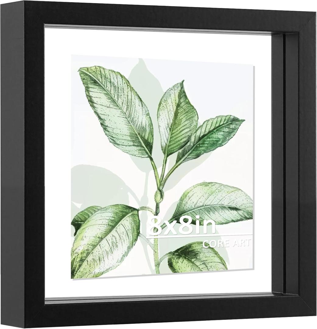 CORE ART 8x8 Floating Picture Frame,Double Plexiglass Floating Frame for 6x6, 4x4 Pictures,Wall or Tabletop Display, Black