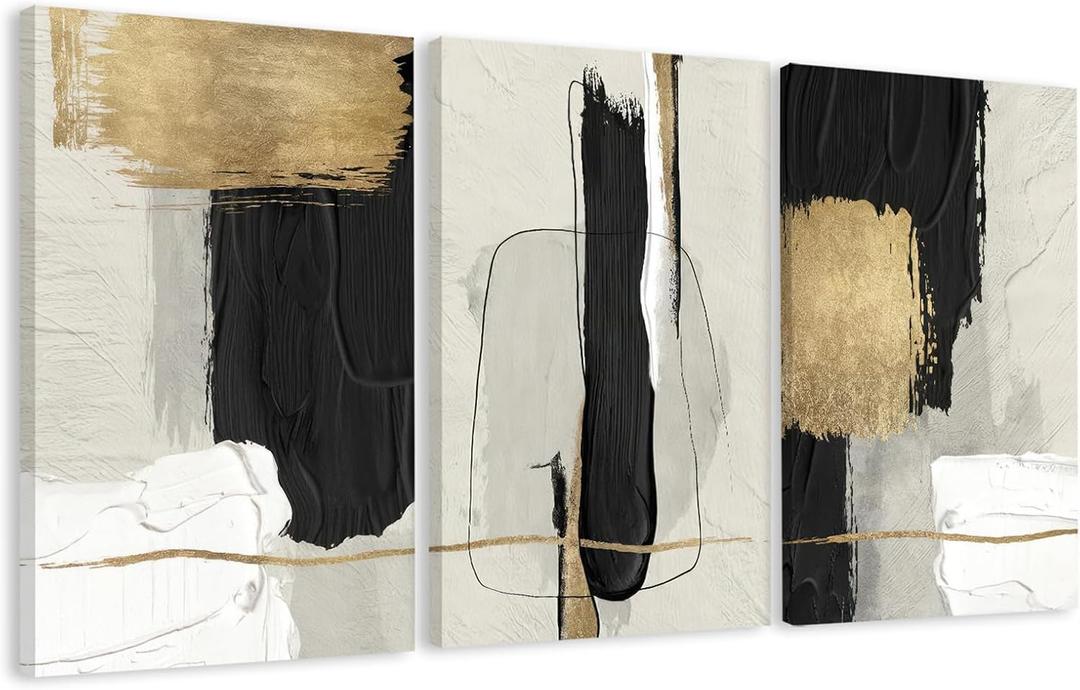 DUWQU 3 Pieces Black and Gold Abstract Canvas Wall Art, Modern Black Gold and White Wall Decor, Minimalist Grey Beige Block Art Prints for Living Room Bedroom Office Home Decorations 1624 Inches