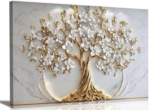Tree of Life Canvas Wall Art Gold White Flowers Wall Decor Picture Natural Landscape Poster Print Artwork For Living Room Bedroom Office Paintings Decoration Prepare to hang 48x24in