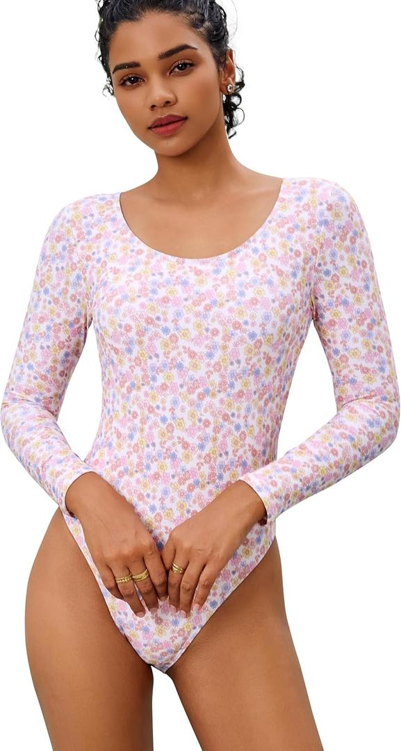 One Piece Bathing Suit for Women Long Sleeve High Cut Back Tie Knot Swimsuit Scoop Neck Cutout Athletic Swimwear (S)