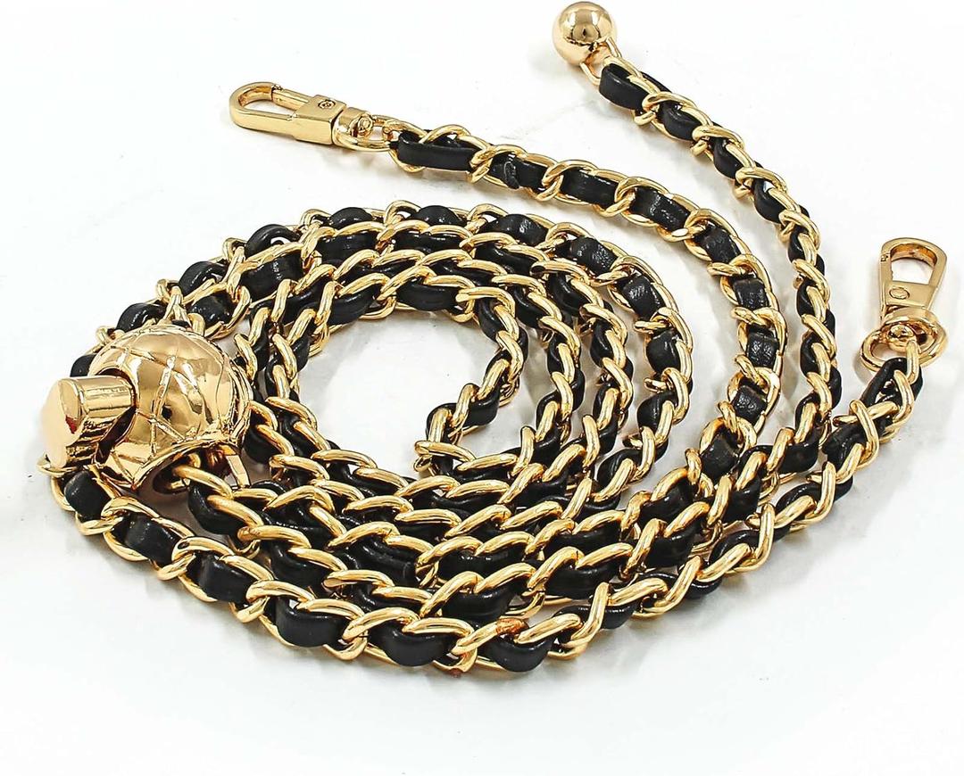 Luomorgo 1 Pc Thin Adjustable Chain Handles Strap, Long Purse Strap Replacement, Black PU Leather Chain Handles for Shoulder Bags, Crossbody Bag DIY Crafts (Gold, 47" Length)