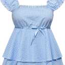 MakeMeChic Women's Y2K Cute Plaid Gingham Cap Sleeve Blouse Square Neck Tiered Ruffle Shirred Tops, M