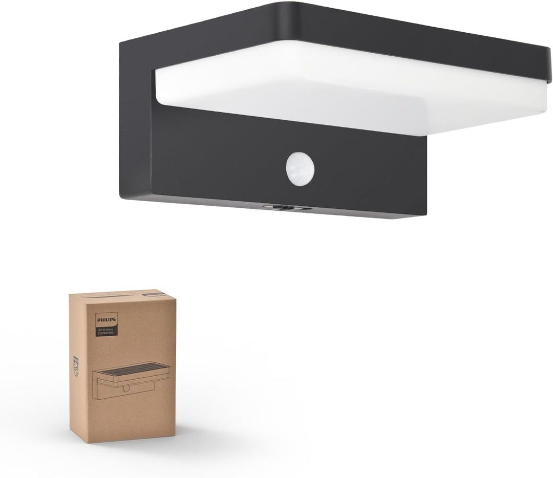Philips Solar Motion Sensor Outdoor Wall Light, 3 Lighting Modes, 5000K IP54 Waterproof, Solar LED Light for Garage, Yard, Porch