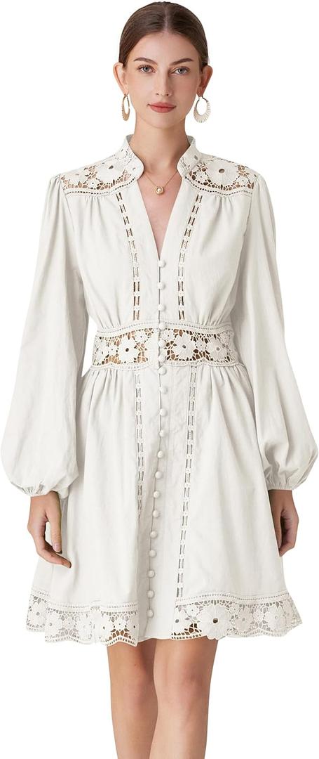 LAI MENG FIVE CATS Women's V-Neck Elegant Lace Long Sleeve Lantern Sleeve Button up Casual Mini Dress (Medium, White)