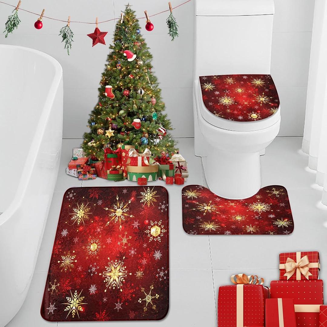 Arttown Merry Christmas Bathroom Rug Set of 3, Red and Gold Snowflake 3 Pieces Bath Mats Set, No Silp Washable Cover Floor Rug Decorations for Kitchen Bathroom Bedroom