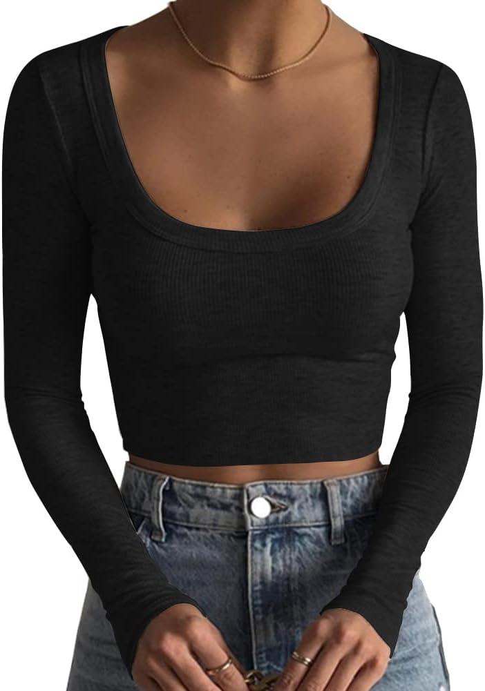 Artfish Women's Square Neck Long Sleeve Ribbed Slim Fitted Casual Basic Crop Top (S, Black)