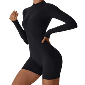 Running sanzi Women Long Sleeve Yoga Jumpsuits Zip Up Bodycon Romper Shorts Sexy Workout One Piece (Pink, Medium, Shorts)