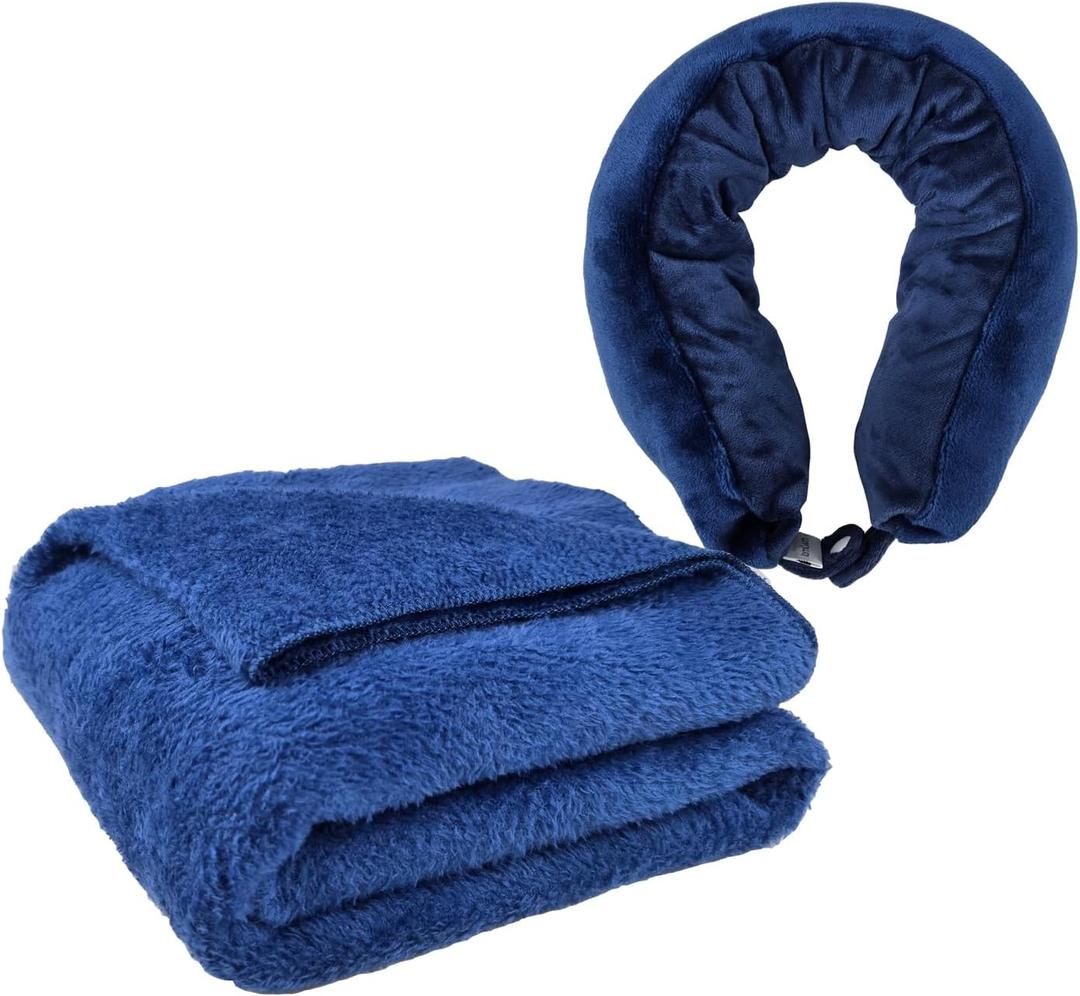 Travel Blanket and Neck Pillow 2-in-1,Soft Fleece Warm Blanket,Comfortable Airplane Travel Pillow,Portable Blanket for Airplane,Camping,Office