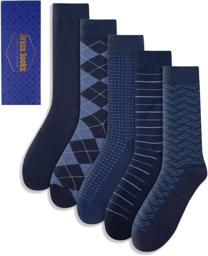 Mens Dress Socks Classic Patterned Business Crew Cotton Socks for Father Husband Birthday Gifts 5 Pairs, One Size