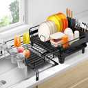 Urackify Dish Drying Rack - Extendable Dish Drainer, Large Dish Rack for Kitchen Counter, Rustproof Dish Strainer with Utensil Holder and Cups Holder, 1 Tier Black