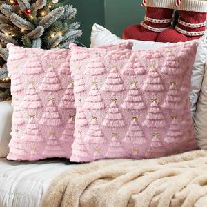 SEGXCFL Christmas Pillow Covers 12×19Set of 2，Luxury Soft Plush Faux Rabbit Fur Pillow Case Gold Pink Christmas Tree 3D Embroidered Dot Decorative Cushion Cover Sofa Bedroom Holiday Decor