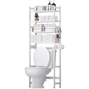 Cozivolife Over The Toilet Storage with 2 Baskets, 4-Tier Bamboo Organizer Rack with Paper Holder & 4 Hooks & Waterproof Feet Pad,Freestanding Shelf for Bathroom(White)