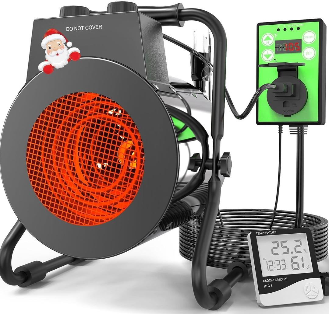 Buyplus Greenhouse Heater with Digital Thermostat, 1500W Outdoor Heaters for Patio, Overheat Protection & 3S Fast Heating, Electric Space Heater for Patio, Garage, Greenhouse, Flower House, Silver