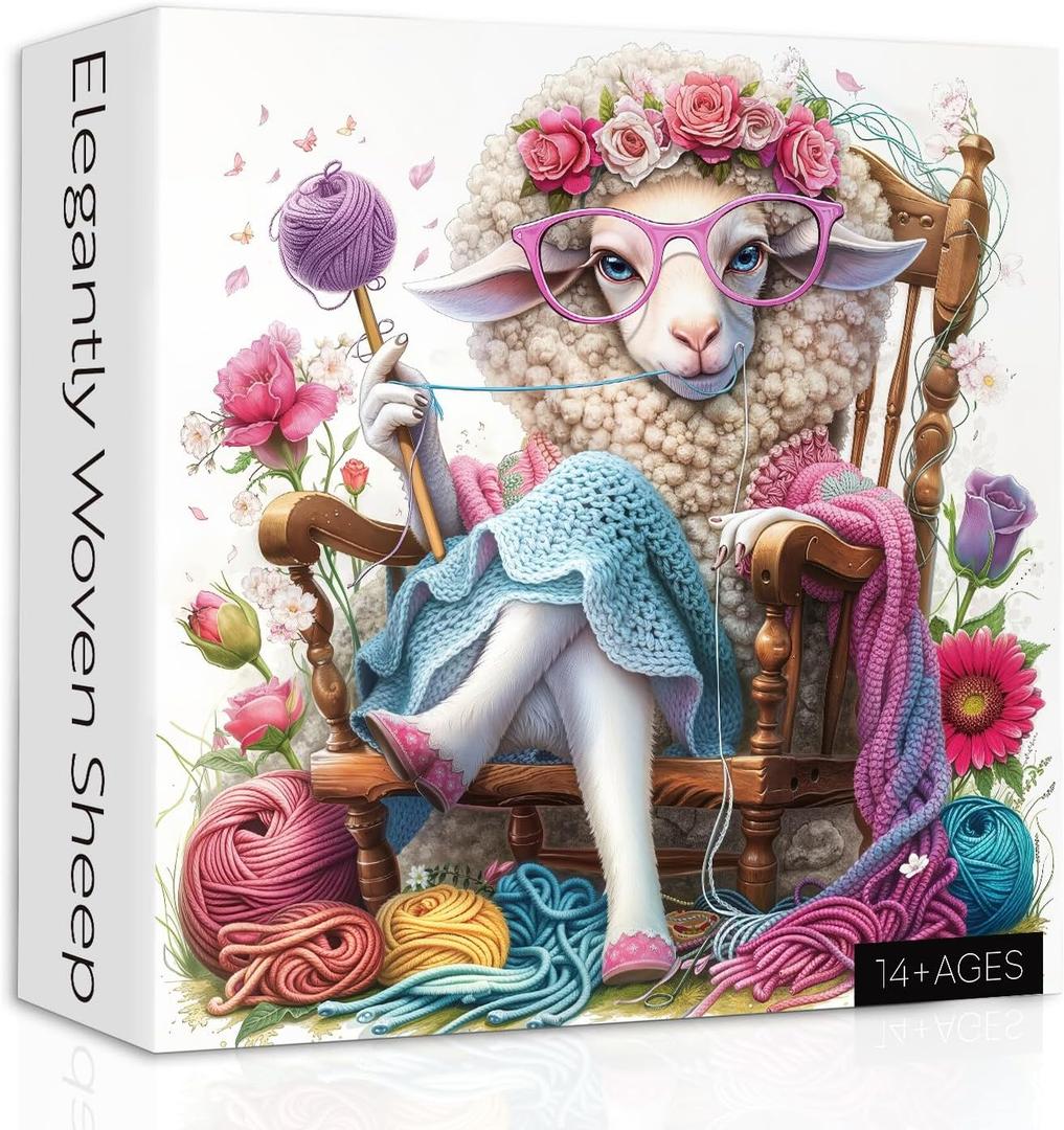 Animal Sheep Puzzles for Adults 1000 Pieces, Yarn Cute Lamb Jigsaw Puzzles, Colorful Knitting Flower Puzzle as Home Decor