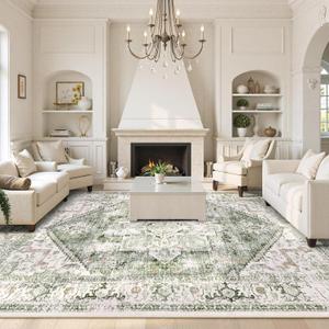 LIVEBOX Washable 9x12 Area Rugs, Large Rugs for Living Room Boho Soft Non-Slip Rug, Low-Pile Vintage Medallion Rug, Retro Indoor Carpet for Dining Room Bedroom Office Sage Green
