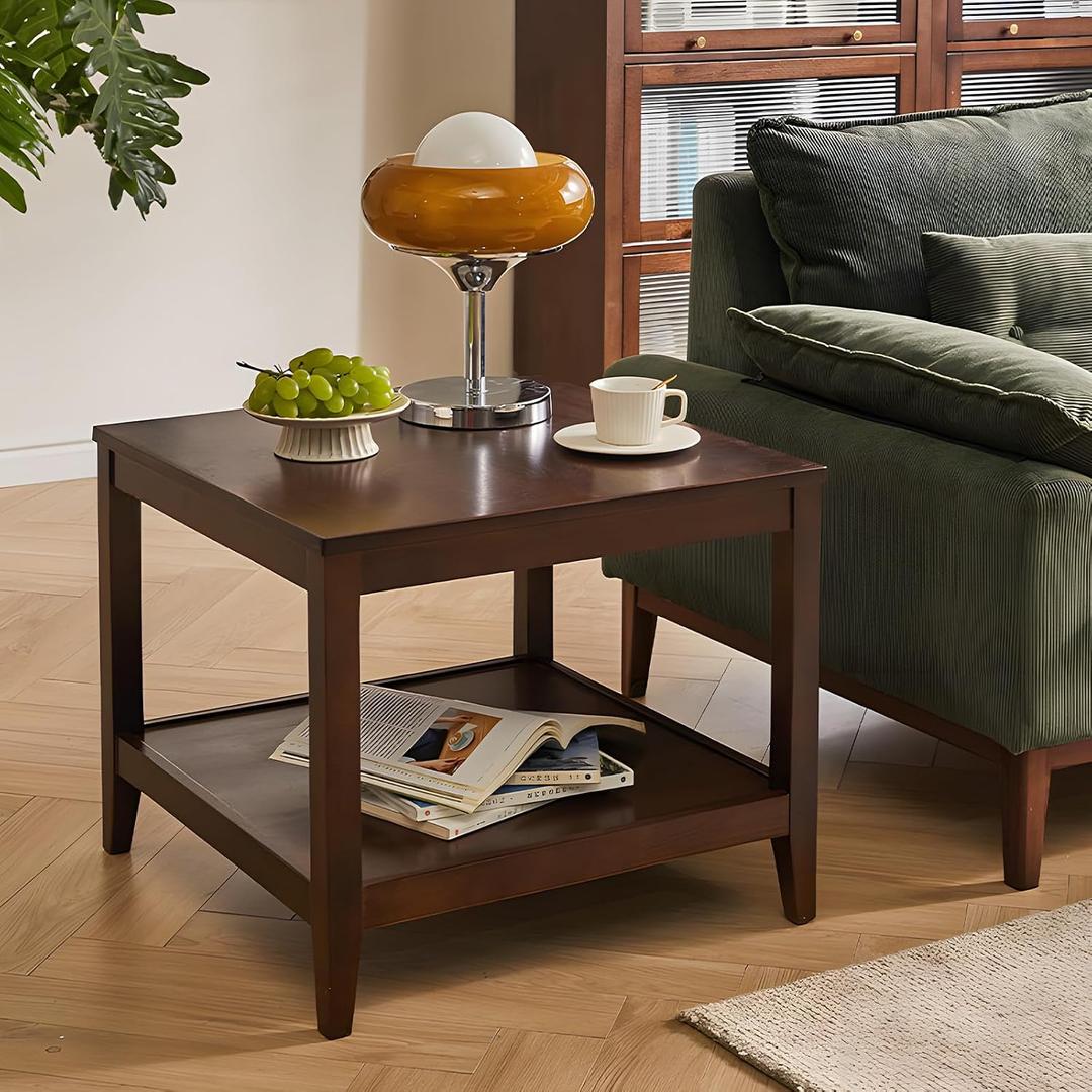 Side Table, Solid Wood Square End Table with Storage Shelf, 2-Tier Coffee Table for Living Room, Rubber Wood Small Sofa Table, Nightstand 23.62 H x 23.62 W x 23.62 D Inches (Walnut)