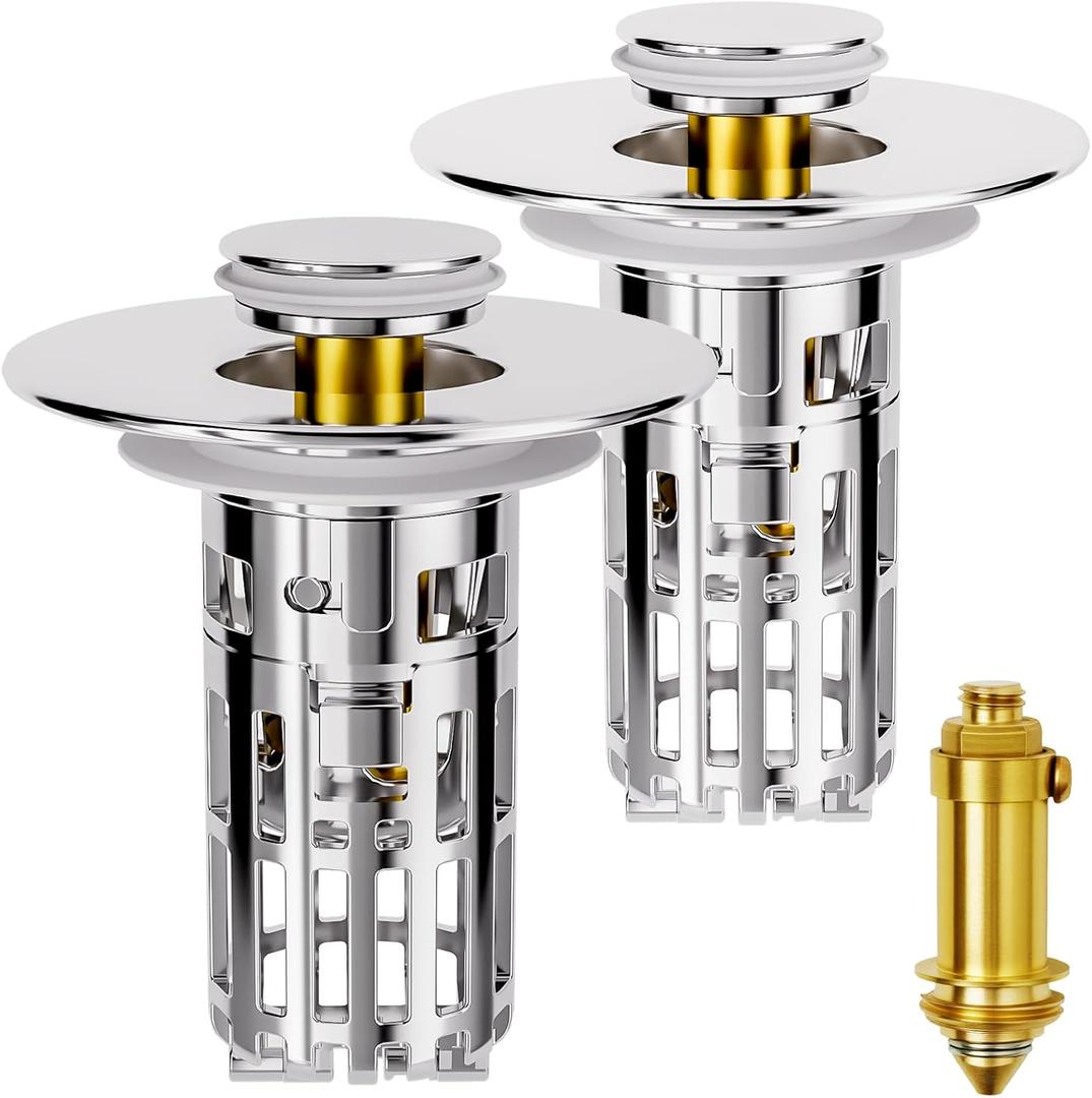 Bathroom Sink Stopper - 2Pcs Bathroom Sink Drain Strainer with Removable Strainer Basket Hair Catcher for US Standard Bathroom Sink, Drain Plug Filter Replacement, Silver