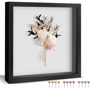 8x8 Shadow Box, Shadow Box Frame with Soft Linen Back - Push 12PCS Pins Included, 3D Picture Display Cases Box for Flowers, Tickets, Souvenirs, Photographs, Handicrafts (Black)