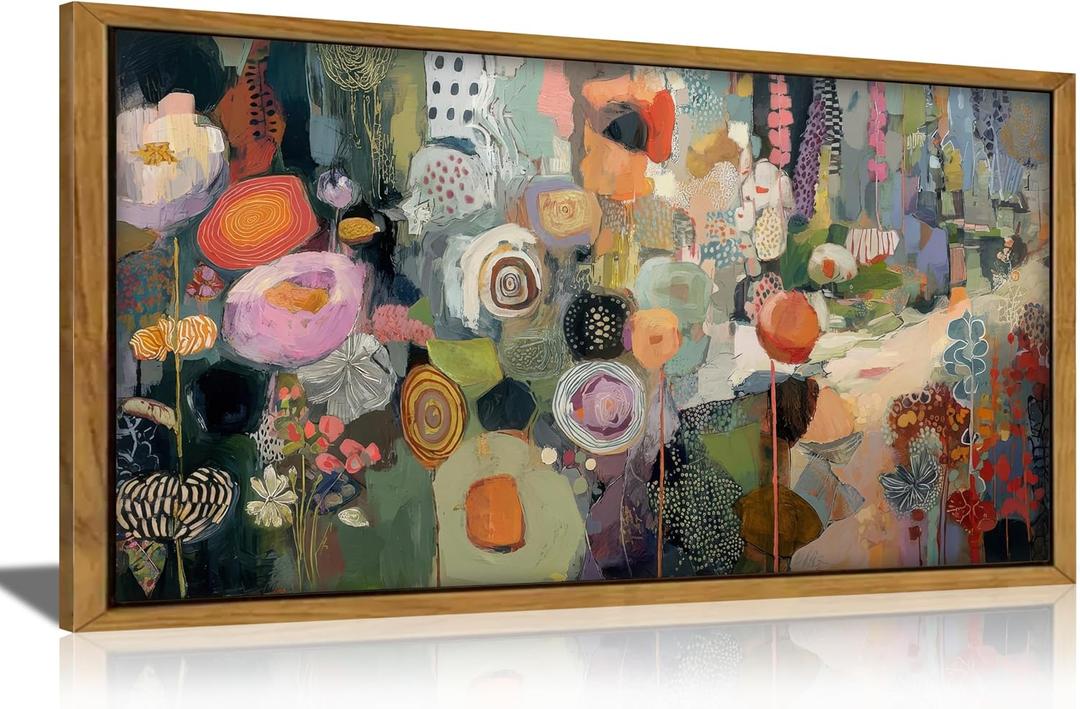 Wooden Framed Colorful Flower Wall Art,Abstract Botanical Canvas Print,Long floral landscape Picture Poster,Vintage Watercolor Floral Painting Artwork for Bedroom Living Room Office, 40"L x 20"W