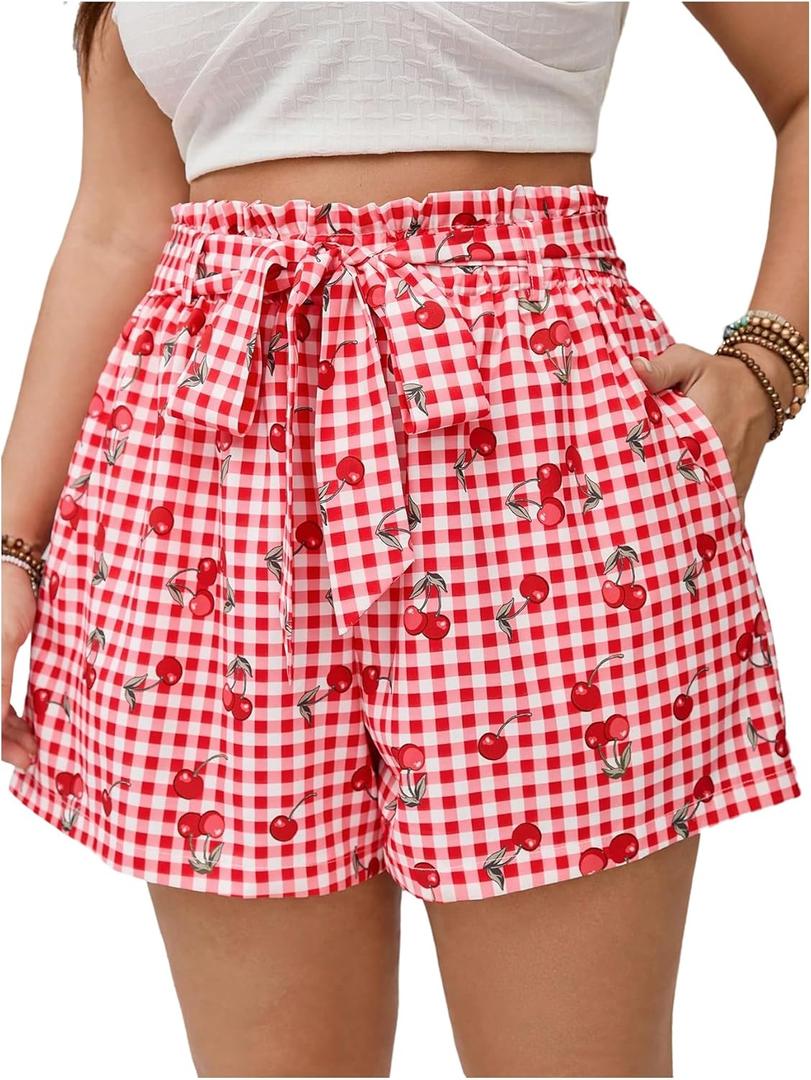 Verdusa Women's Plus Size Gingham Cherry Belted Shorts High Rise Summer Shorts with Pockets (Red, XL)