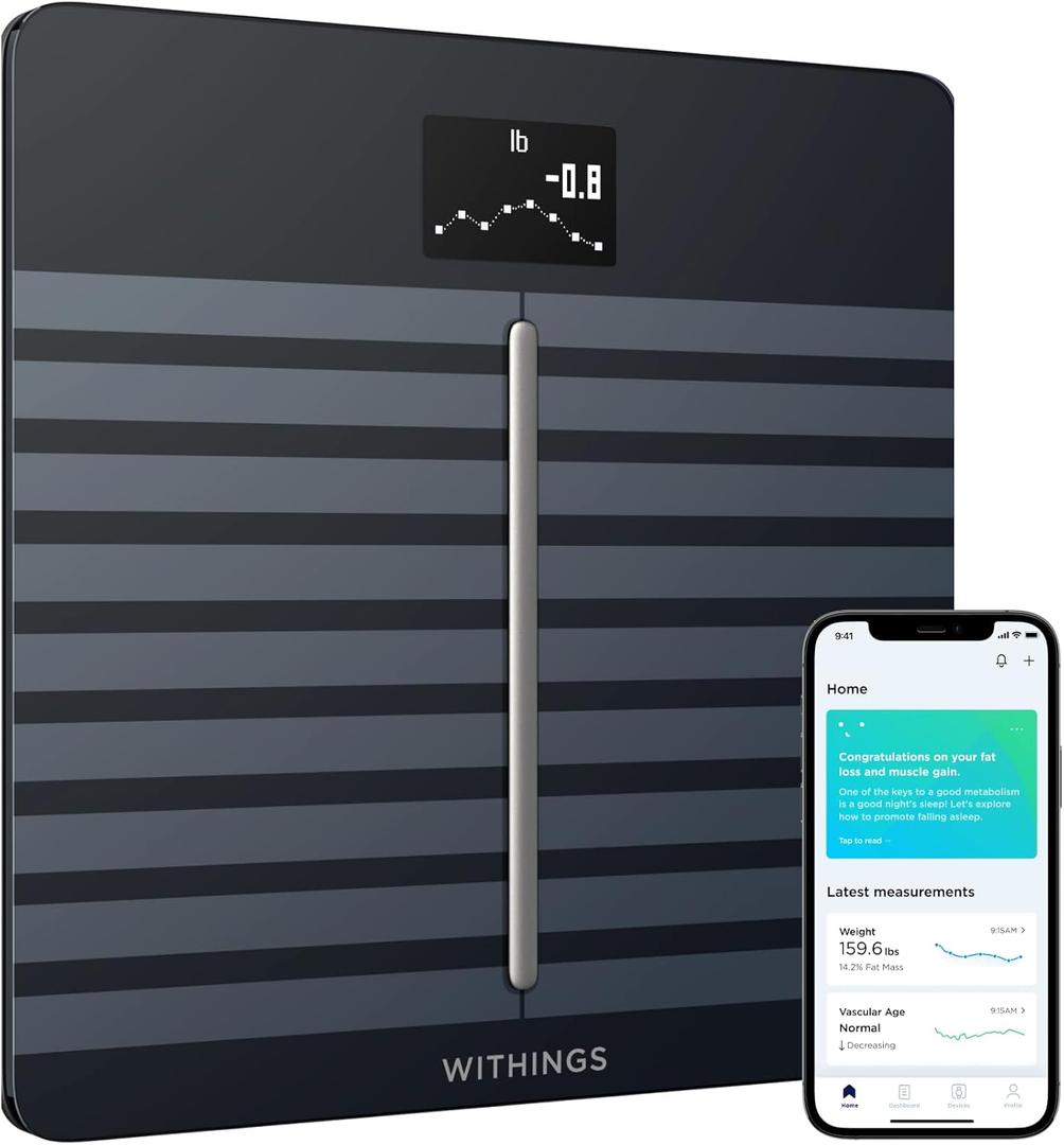 WITHINGS Smart Scales for Body Weight, FSA or HSA Eligible, Body Analysis, Fat Content, Muscle Mass, Bone Density, Visceral Fat, Bathroom Scale, BMI Scales Digital Weight and Body Fat, Bluetooth, WiFi (Black)