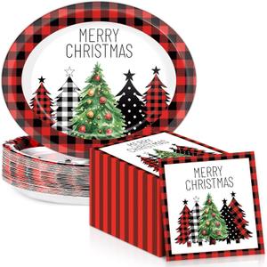 50Pcs Christmas Buffalo Plaid Tree Paper Oval Plates 11 Inch Red Black Checkered Plates and Napkins for Xmas Party Decoration Disposable Christmas Dish Tray Serve 25 for Holiday Winter Party Supplies